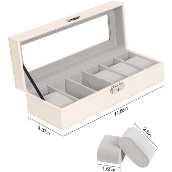 Watch Case 6 Slot Leather Watch Box Display Case Organizer Glass Jewelry Storage - Picture 4 of 7